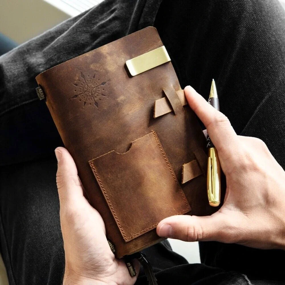 Set of 4 Handcrafted 100% Genuine Leather Notebook Journal Brown Gift Set w/Pen